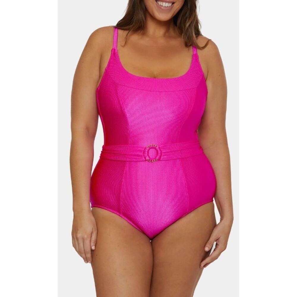 Becca Monte Carlo Belted Rib One-Piece Swimsuit Azalea Size 1X $168